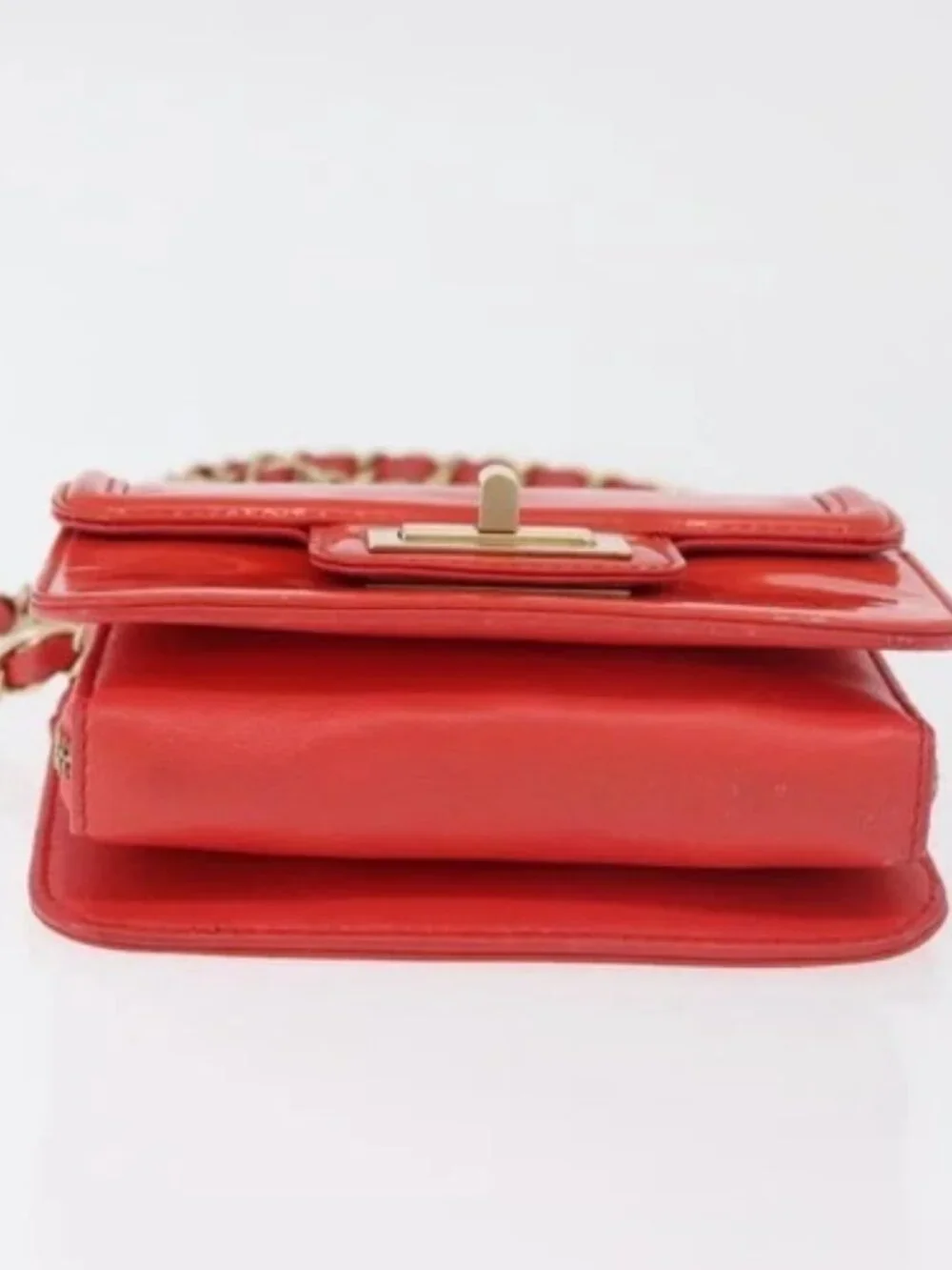 CHANEL Chain Shoulder Wallet Patent leather Orange Gold CC Auth 130637
